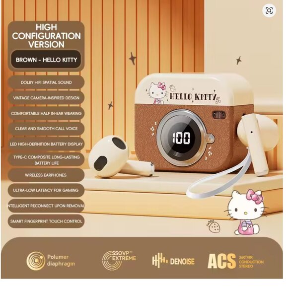 bluetooth retro camera charging case with earbuds hello kitty - Picture 1 of 4